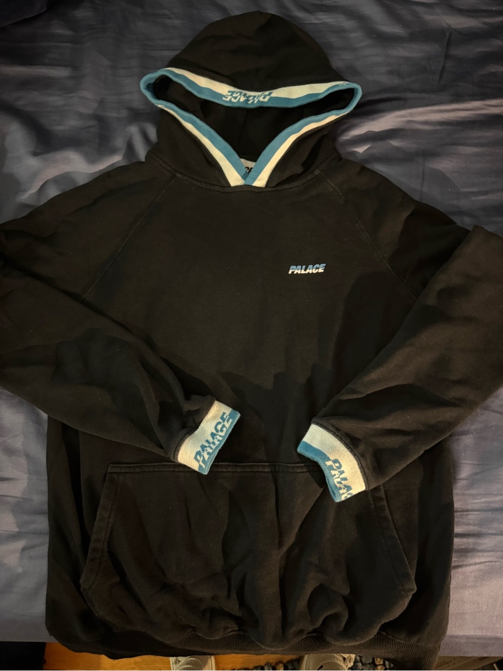 PALACE Black Hoodie with Blue and White Trim